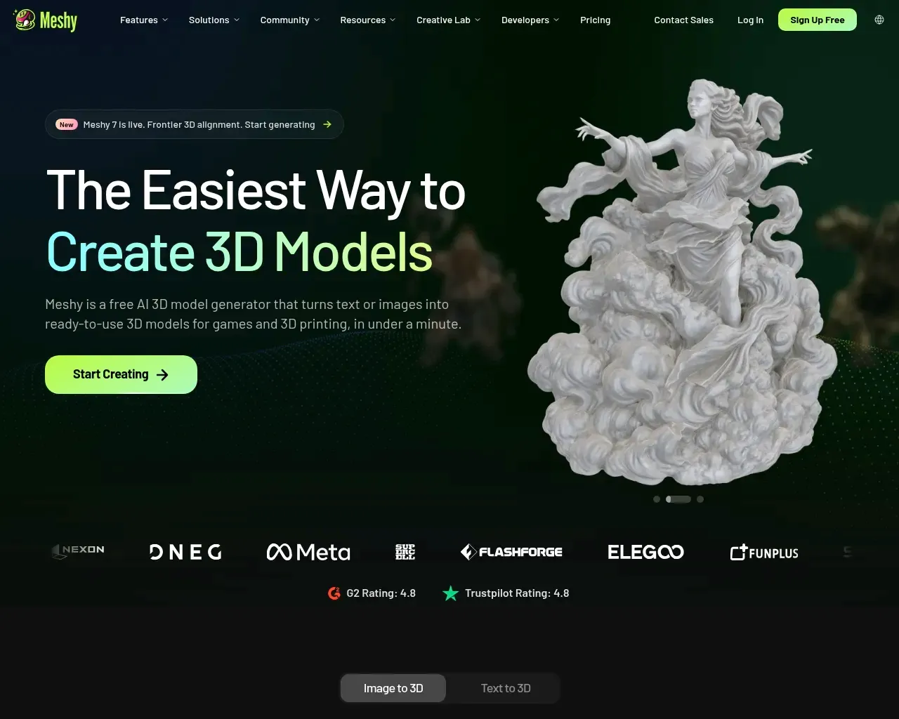 Page d'accueil de Meshy AI avec son générateur texte-vers-3D et image-vers-3D