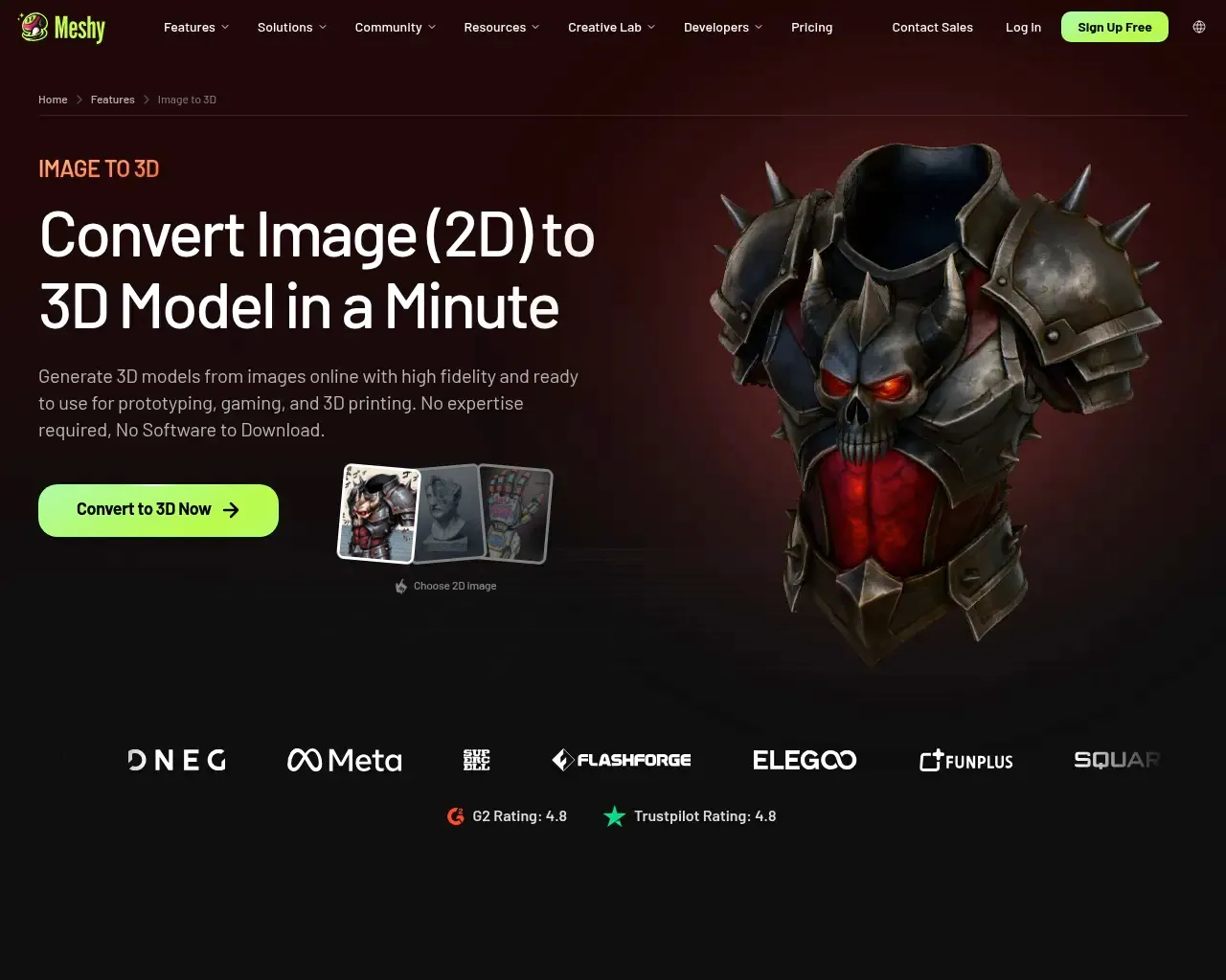 Page de la fonctionnalité image-vers-3D de Meshy AI