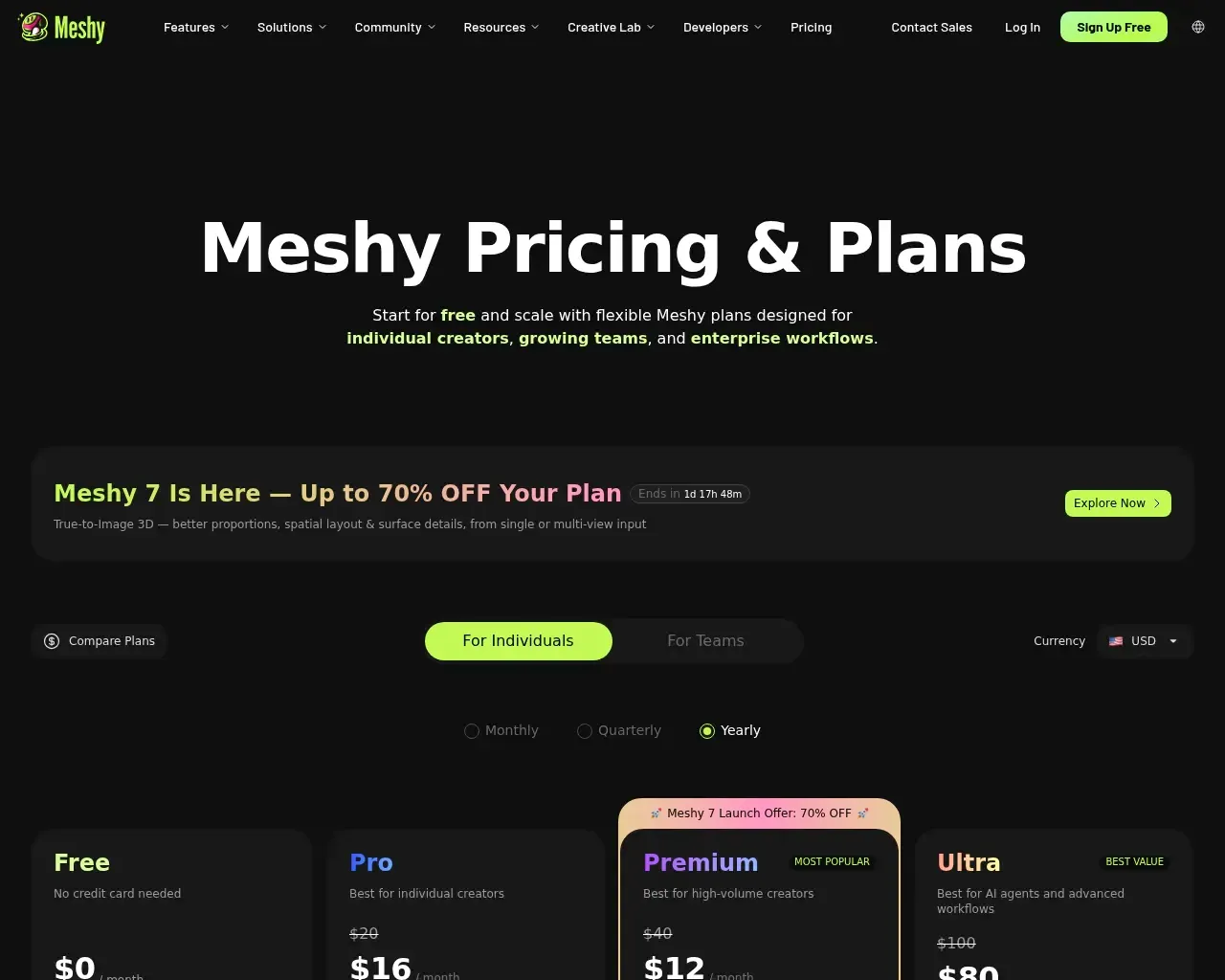 Page de tarification de Meshy AI avec les plans Free, Pro et supérieurs