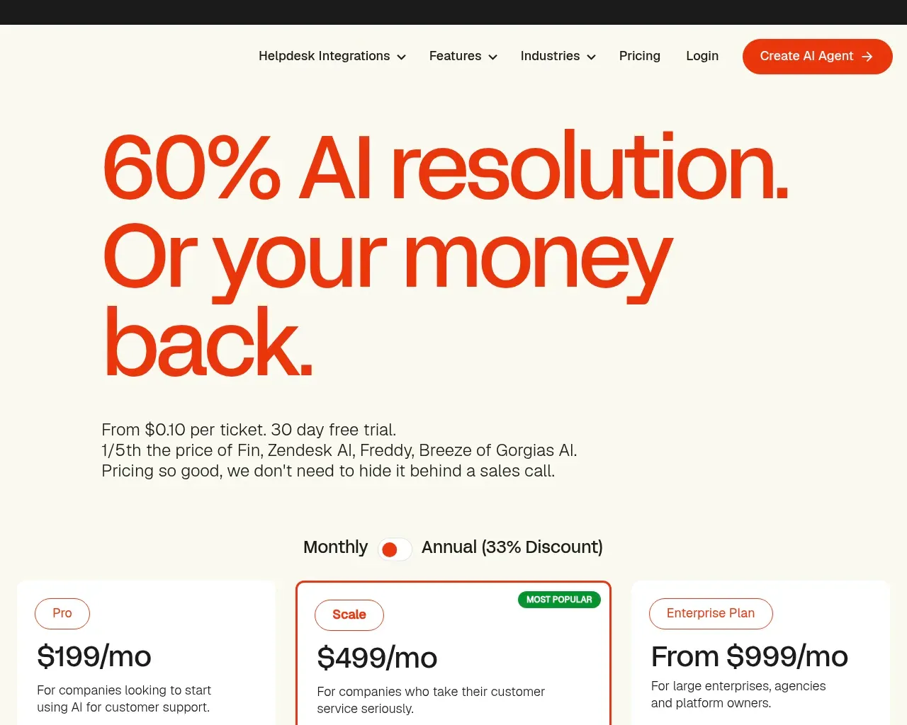 My AskAI pricing page showing three plans — Pro at $199/mo, Scale at $499/mo and Enterprise from $999/mo — under a "60% AI resolution or your money back" headline