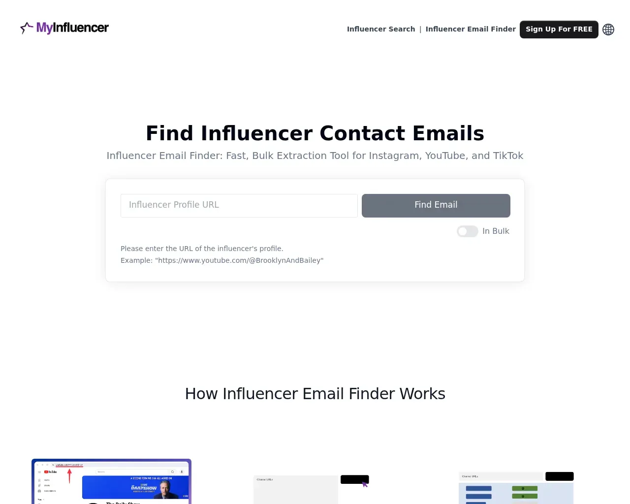 Email Finder de influencers de MyInfluencer — pega la URL de un perfil para obtener un email de contacto, con un botón "In Bulk", presentado como herramienta de extracción rápida para Instagram, YouTube y TikTok