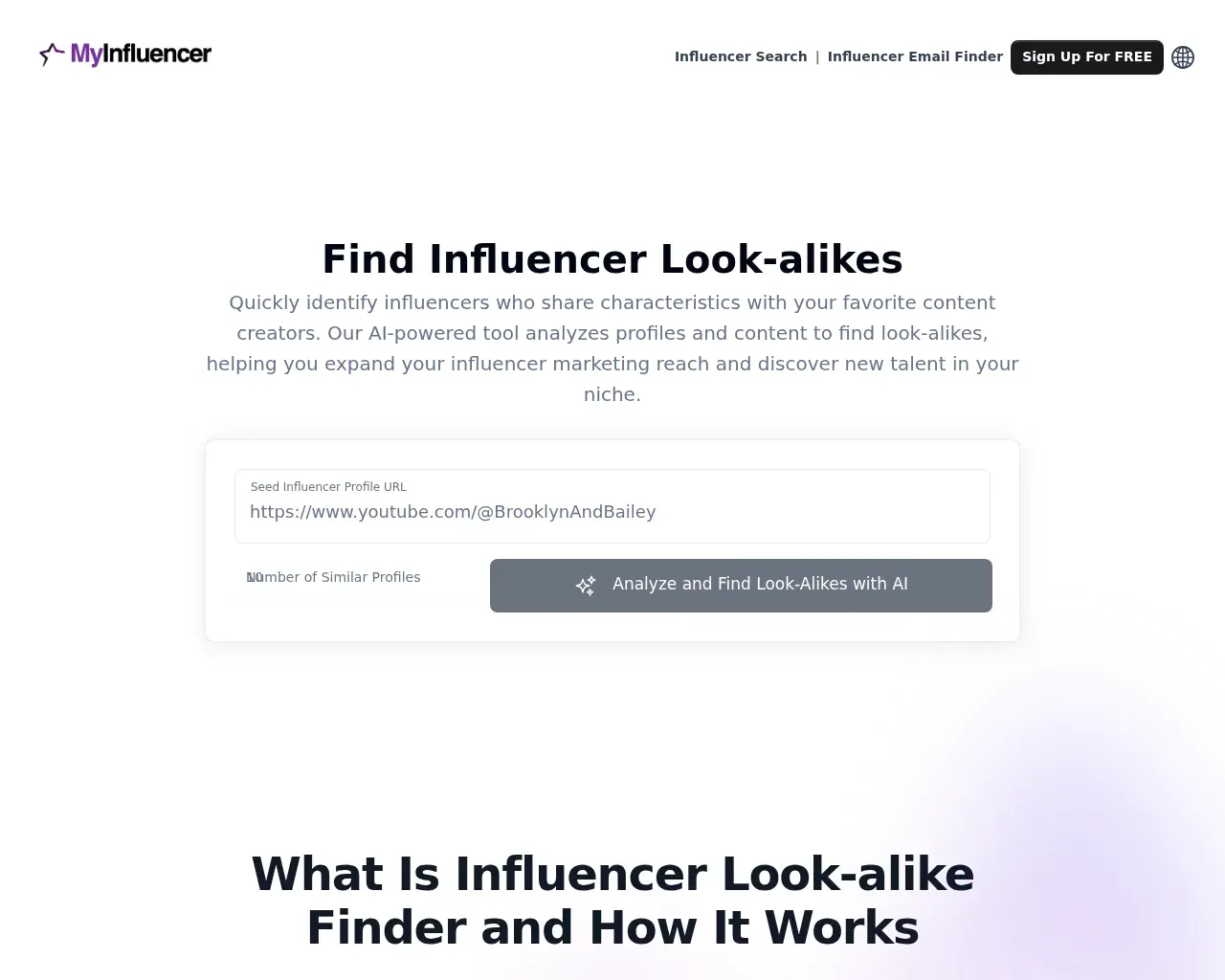 Buscador de Look-Alike de MyInfluencer — pega un perfil semilla de influencer y elige cuántos creadores similares quieres obtener, luego "Analyze and Find Look-Alikes with AI"