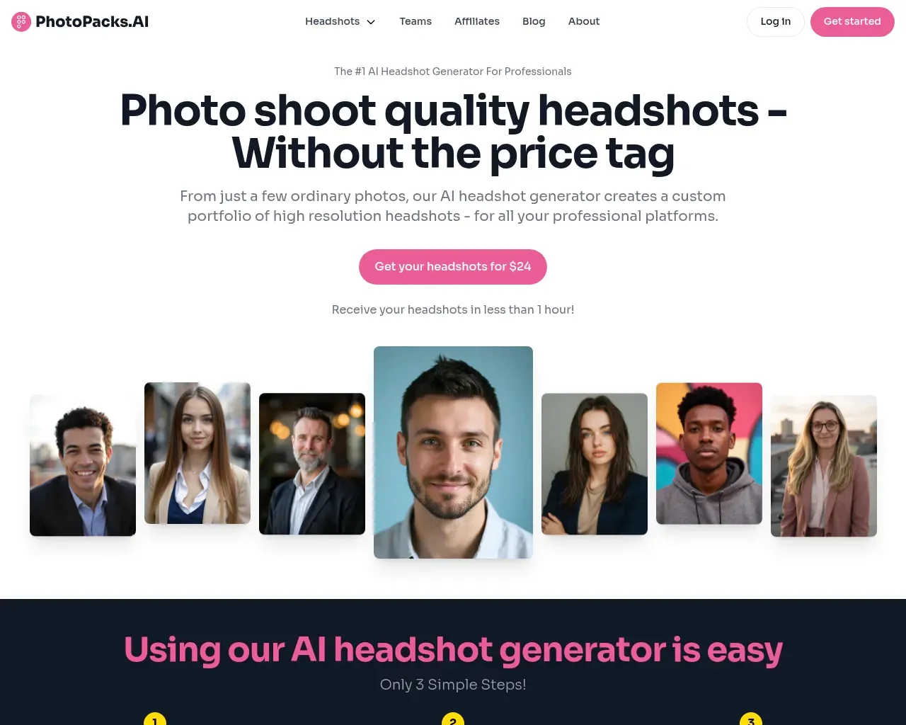 PhotoPacks.AI homepage showing the $24 headshot offer and a row of example AI-generated professional headshots