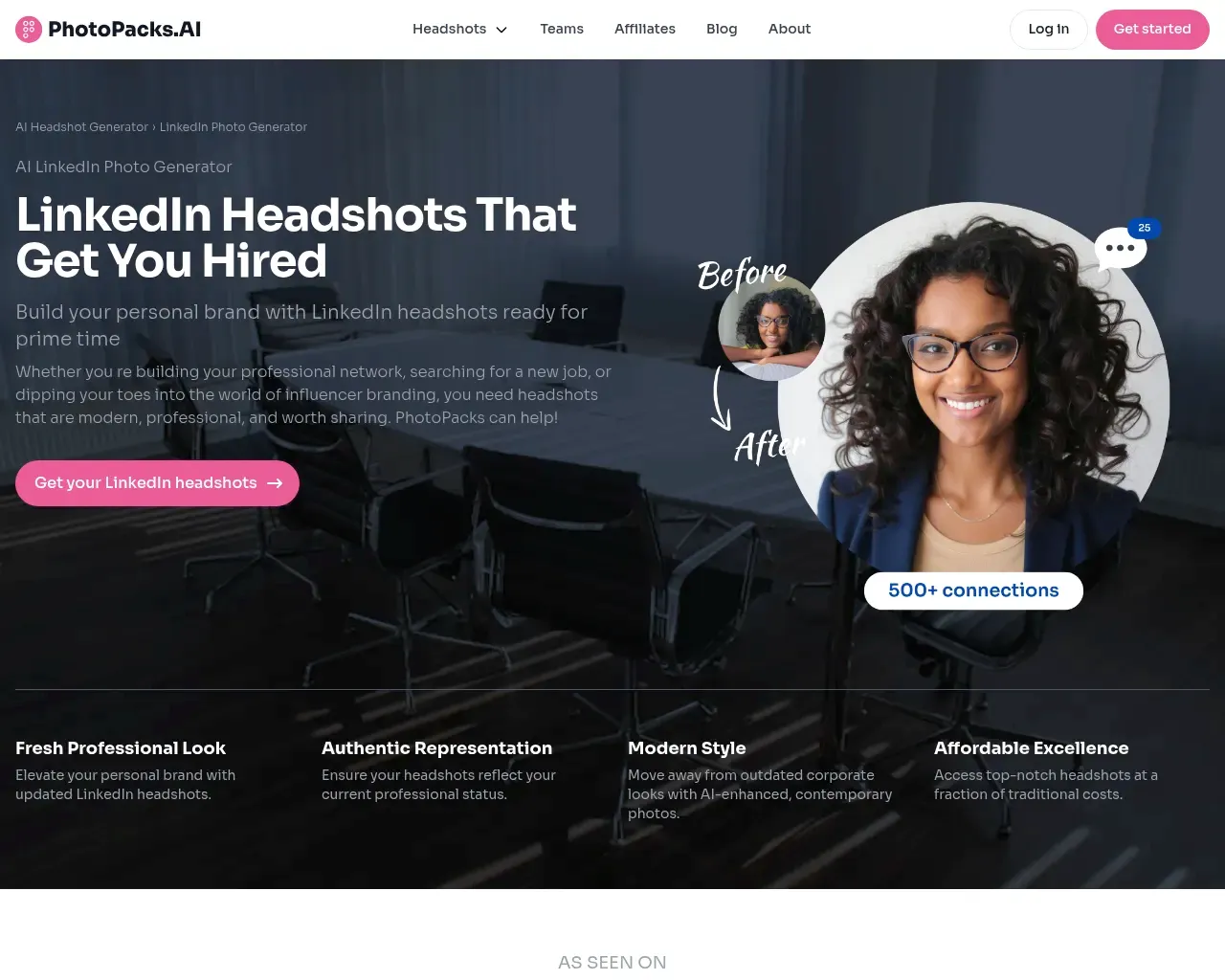 PhotoPacks.AI LinkedIn headshot page showing a before-and-after from a casual selfie to a polished professional portrait
