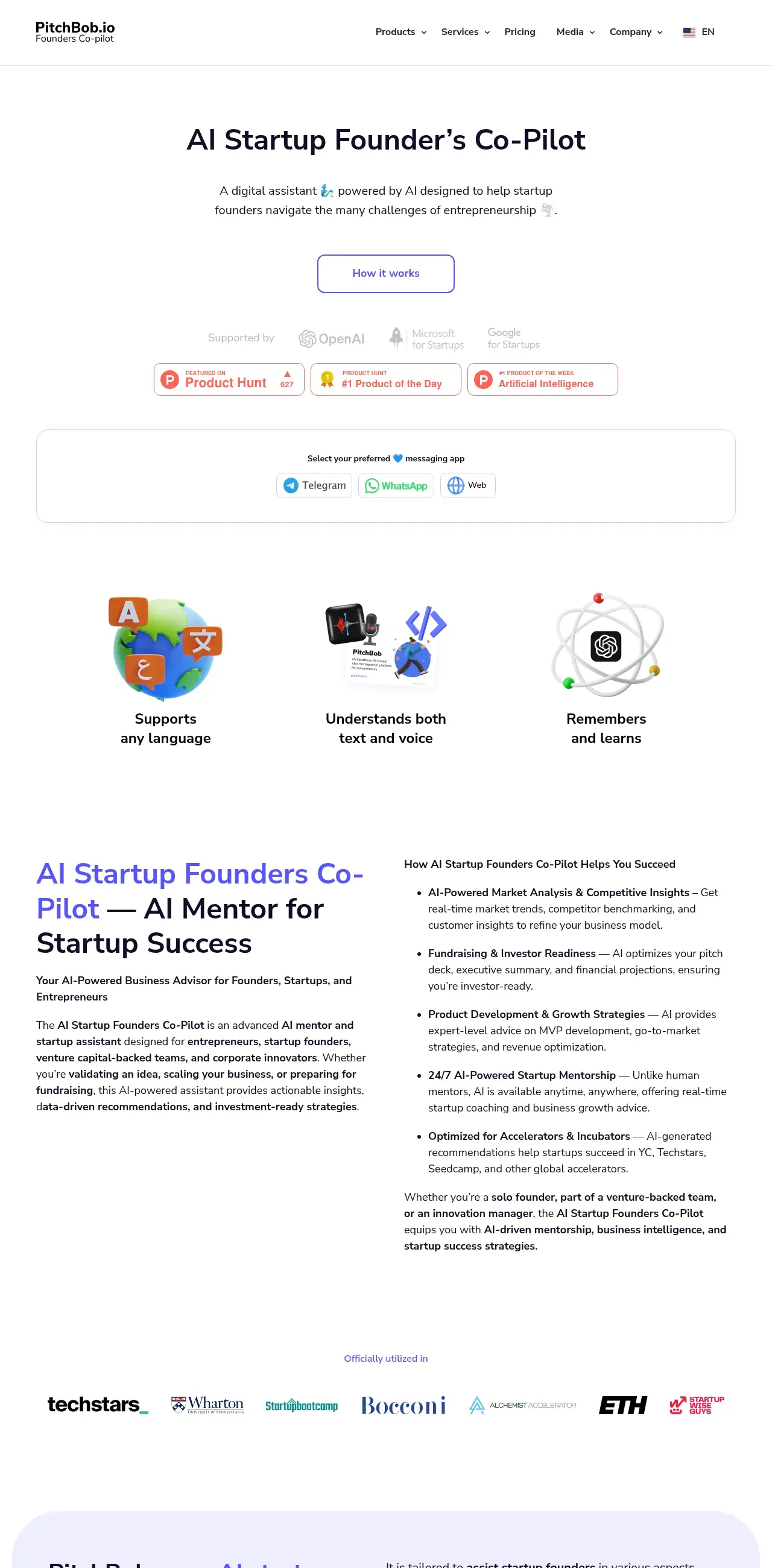 PitchBob's AI Startup Founder's Co-Pilot page, showing the messaging-app launcher and feature pillars like market analysis, fundraising readiness, and 24/7 mentorship