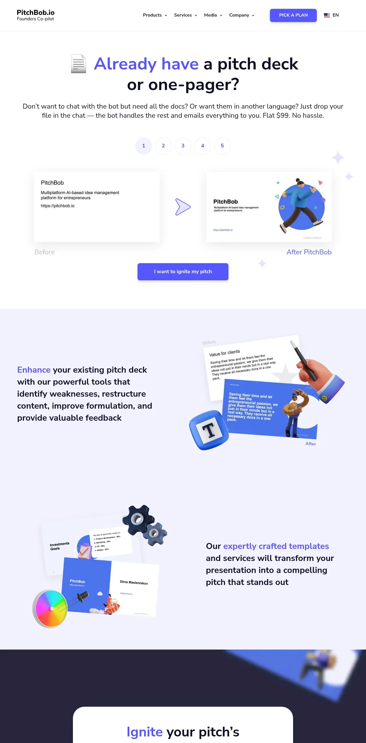 PitchBob's Improve Pitch Deck page — drop an existing deck or one-pager into the chat and have the AI restructure it, advertised as a flat one-time fee