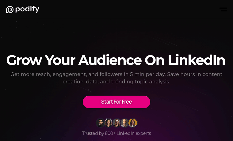Podify.io homepage — an all-in-one LinkedIn growth tool that turns videos, PDFs and questions into posts