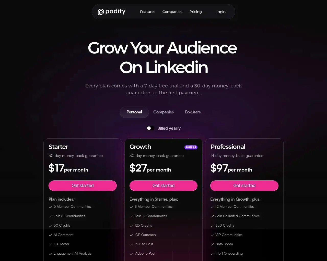 Podify.io pricing — Starter, Growth and Professional tiers billed yearly, each with a money-back guarantee