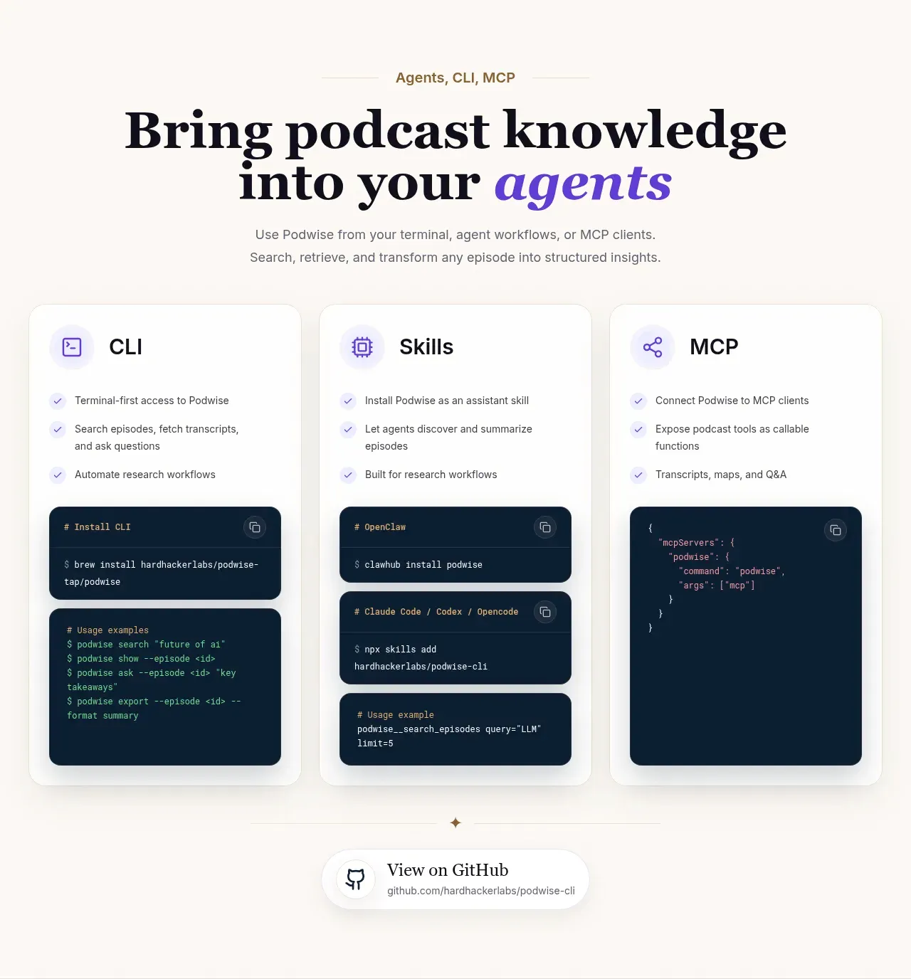 Podwise का डेवलपर सरफेस — एक CLI, Agent Skills, और एजेंट वर्कफ़्लो के अंदर पॉडकास्ट ट्रांसक्रिप्ट का उपयोग करने के लिए एक MCP सर्वर