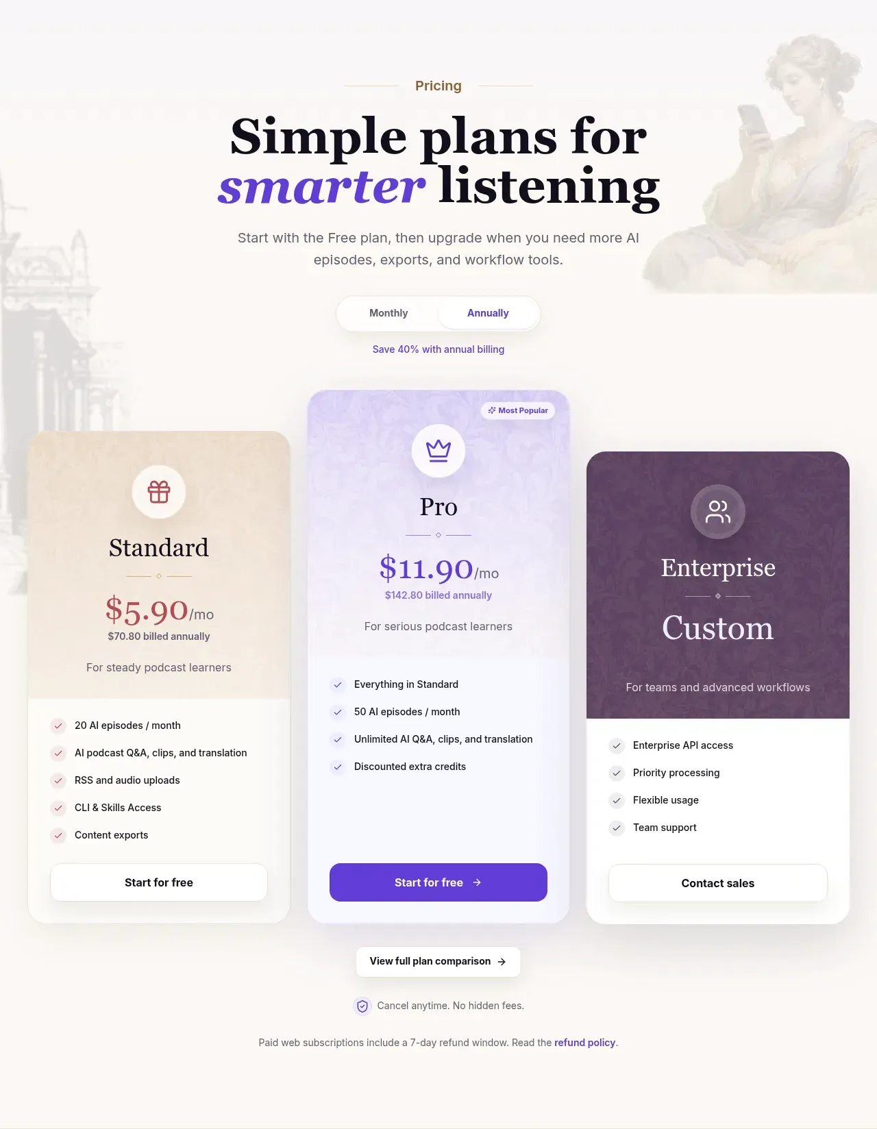 Podwise मूल्य निर्धारण — Free, Standard, और Pro स्तर plus Enterprise, 40%-off वार्षिक टॉगल के साथ