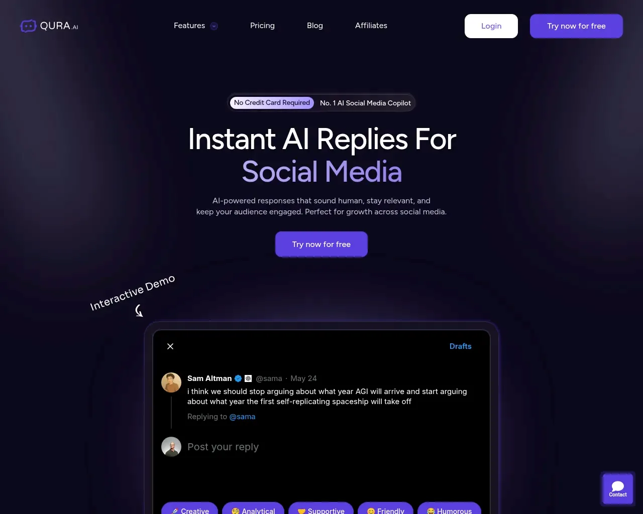 Qura AI homepage showing its AI social media reply copilot for X and LinkedIn