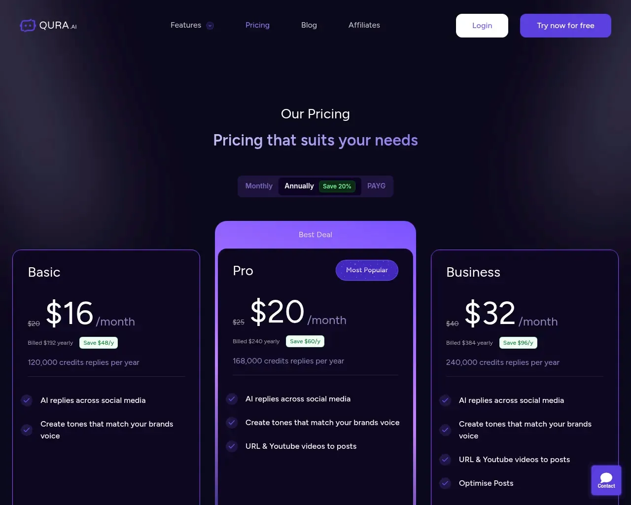 Qura pricing page with Basic, Pro and Business credit tiers