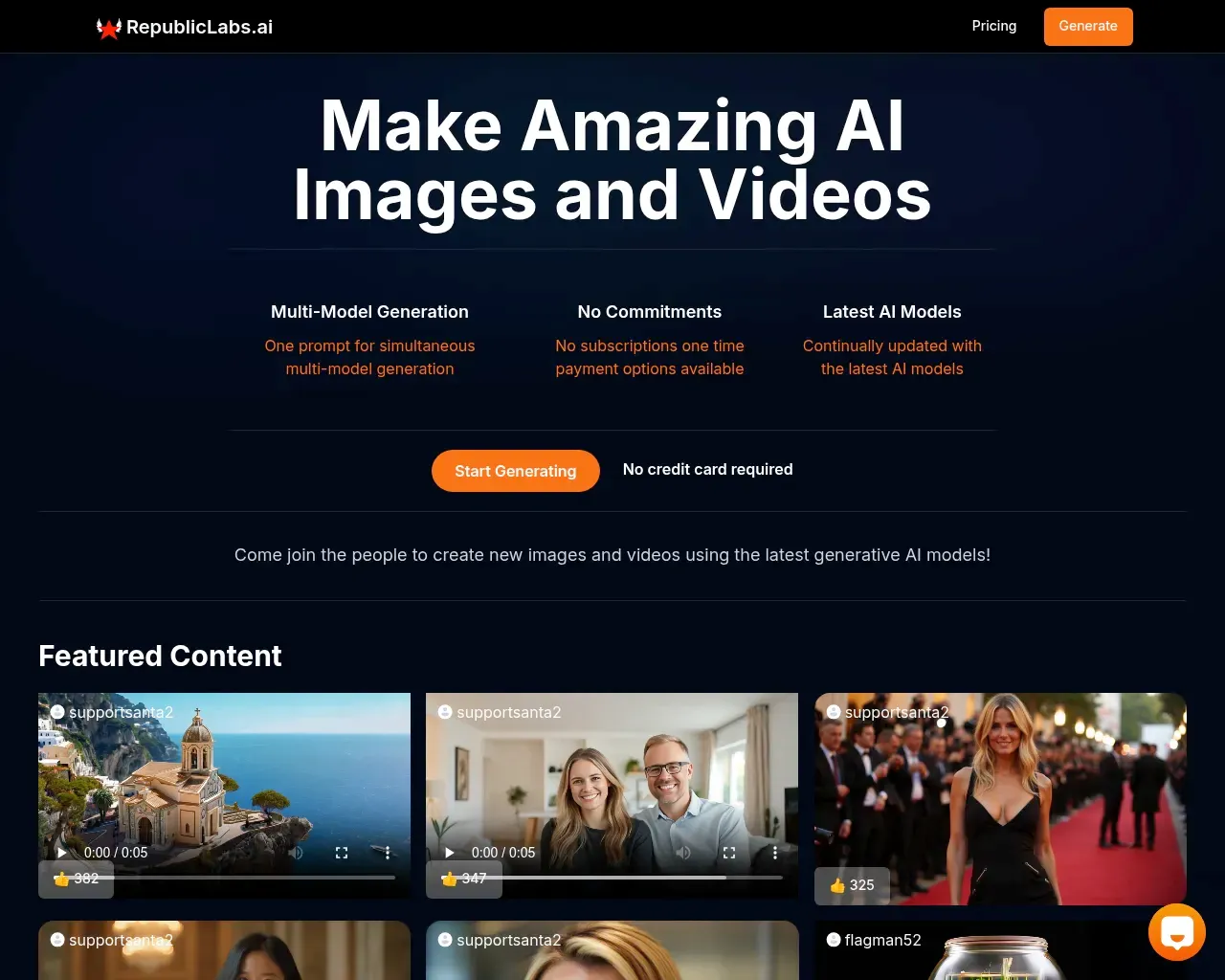 RepublicLabs.ai homepage showing the multi-model AI image and video playground with a live community gallery feed