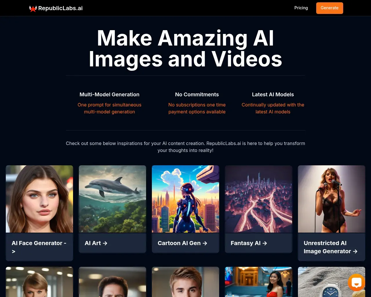 RepublicLabs.ai Gen AI Tools index listing dozens of image and video models and use-case tools