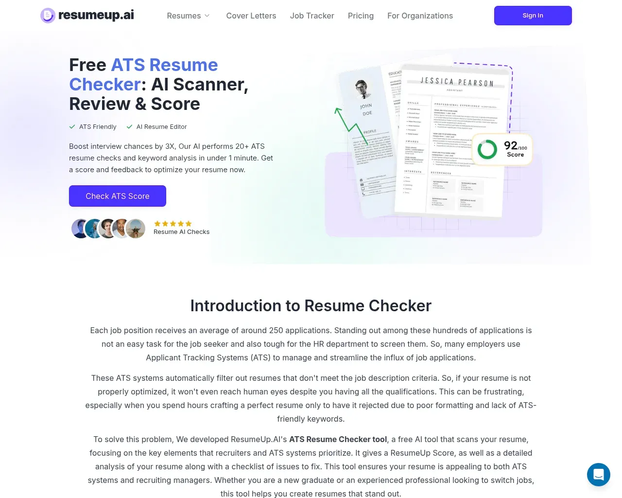ResumeUp.AI ATS resume checker tool page
