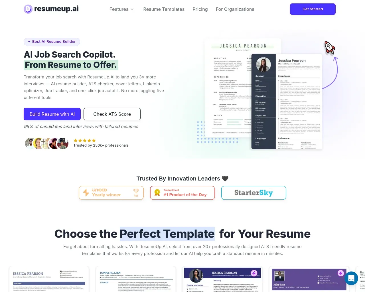 ResumeUp.AI homepage — AI Job Search Copilot hero with the headline "From Resume to Offer"