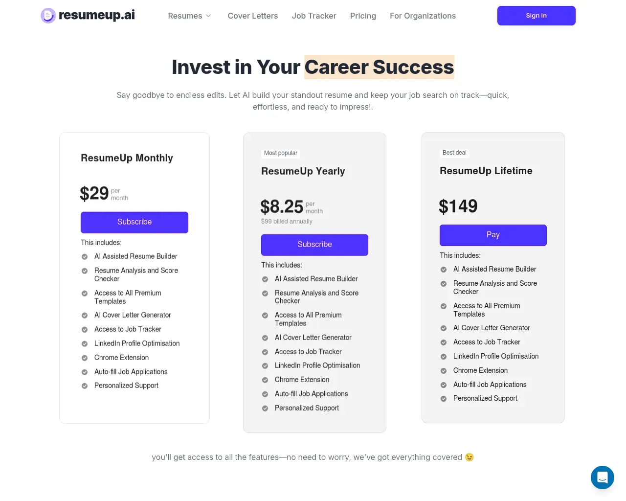 ResumeUp.AI pricing page — free tier plus monthly, quarterly, and annual premium plans