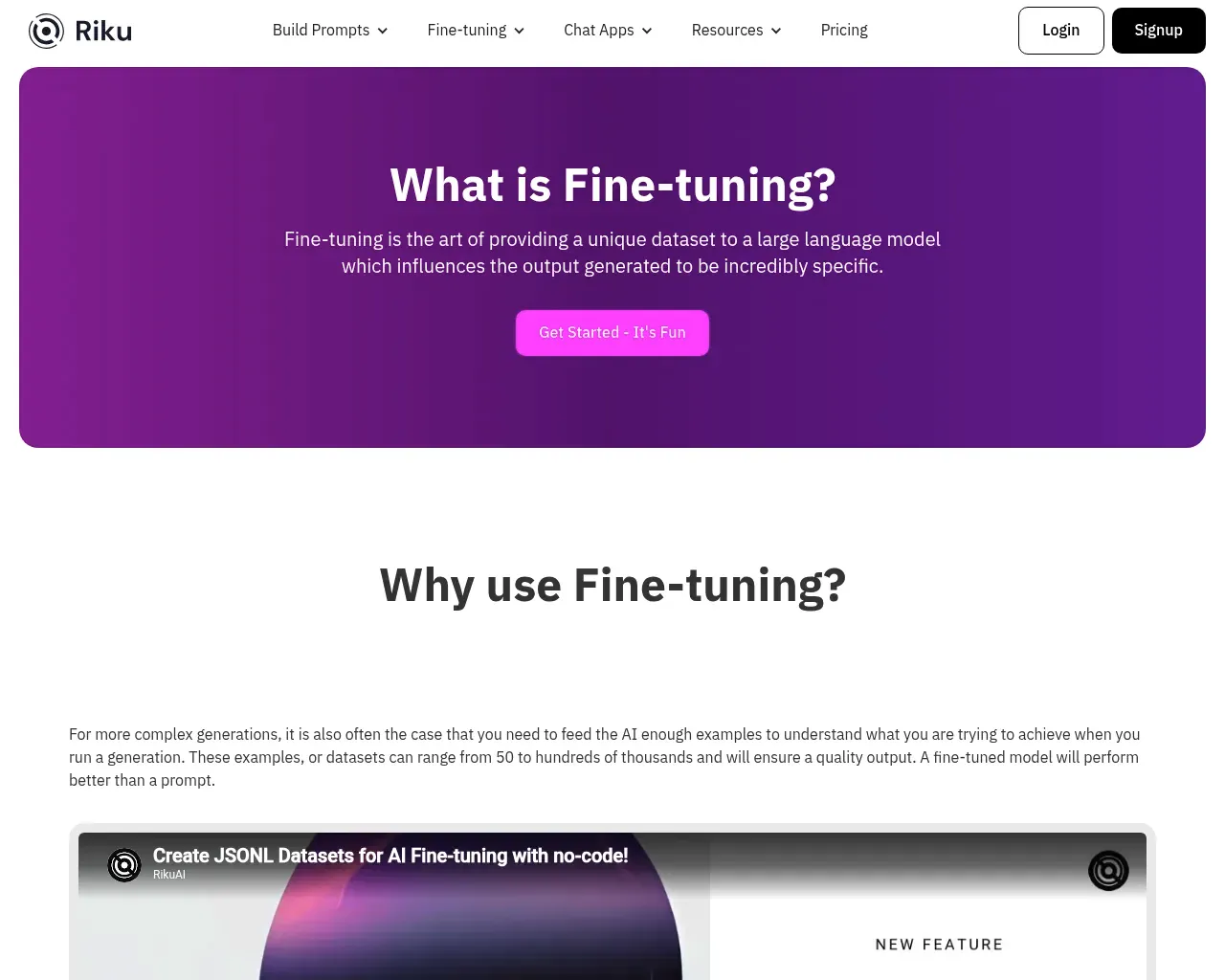 Riku.AI's no-code fine-tuning explainer page