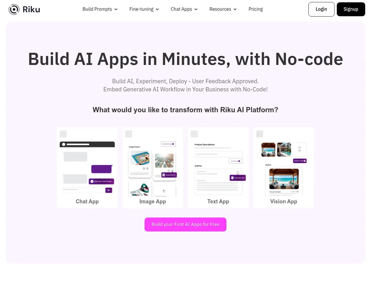 Riku.AI homepage — "Build AI Apps in Minutes, with No-code" with Chat, Image, Text and Vision app builders