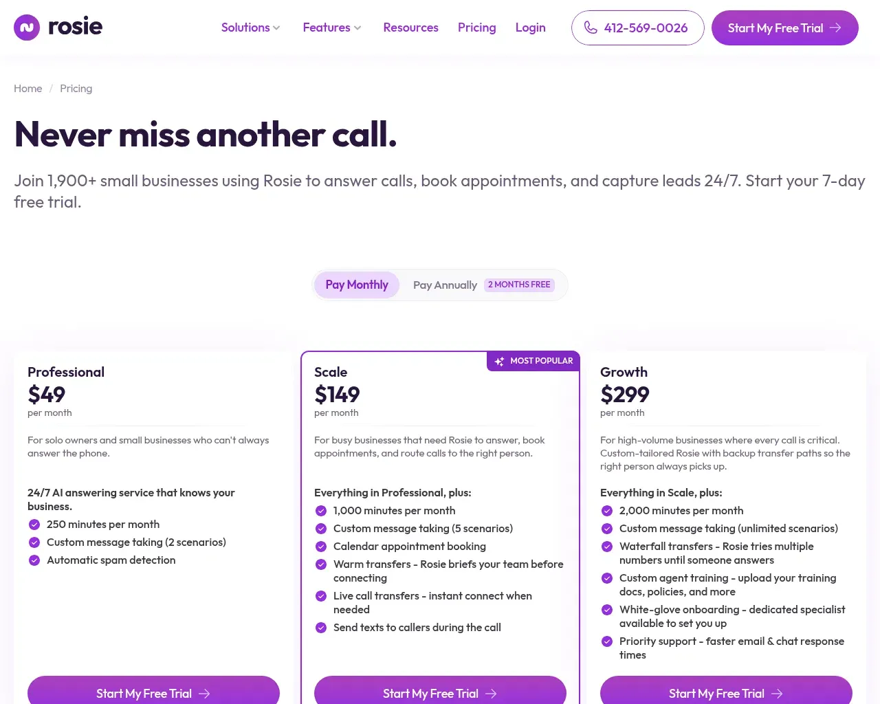 Rosie pricing page — Professional $49, Scale $149 (Most Popular), and Growth $299 monthly tiers