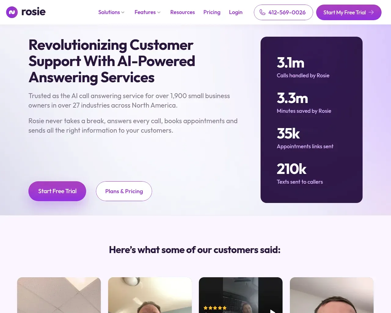 Rosie's stats panel — 3.1M calls handled, 3.3M minutes saved, 35K appointment links, 210K texts sent, alongside customer video testimonials