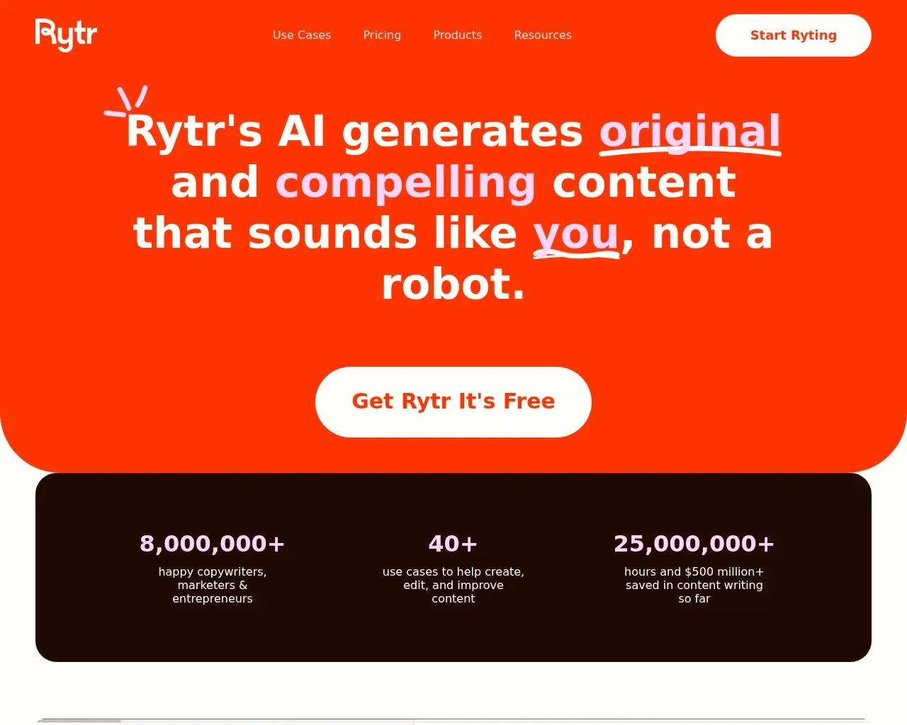 Rytr homepage — the AI writing assistant landing page with its headline and usage stats