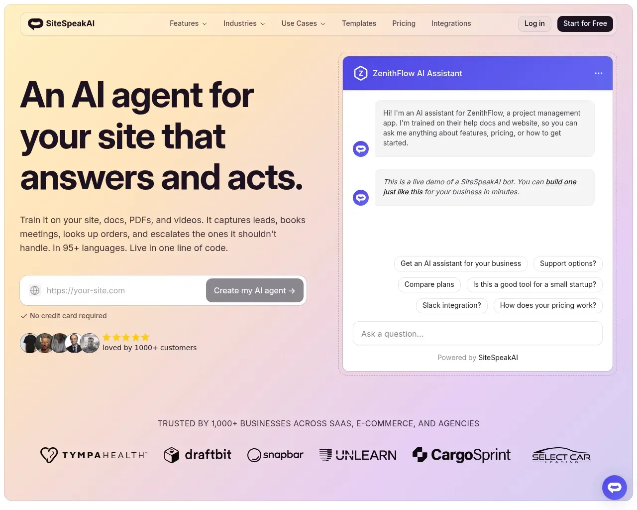SiteSpeakAI homepage with a live demo chatbot widget