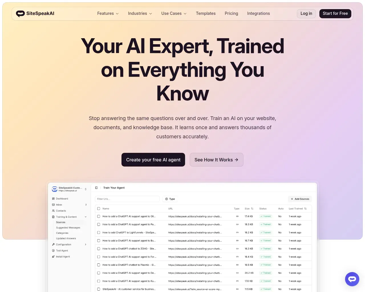 SiteSpeakAI's AI training feature page