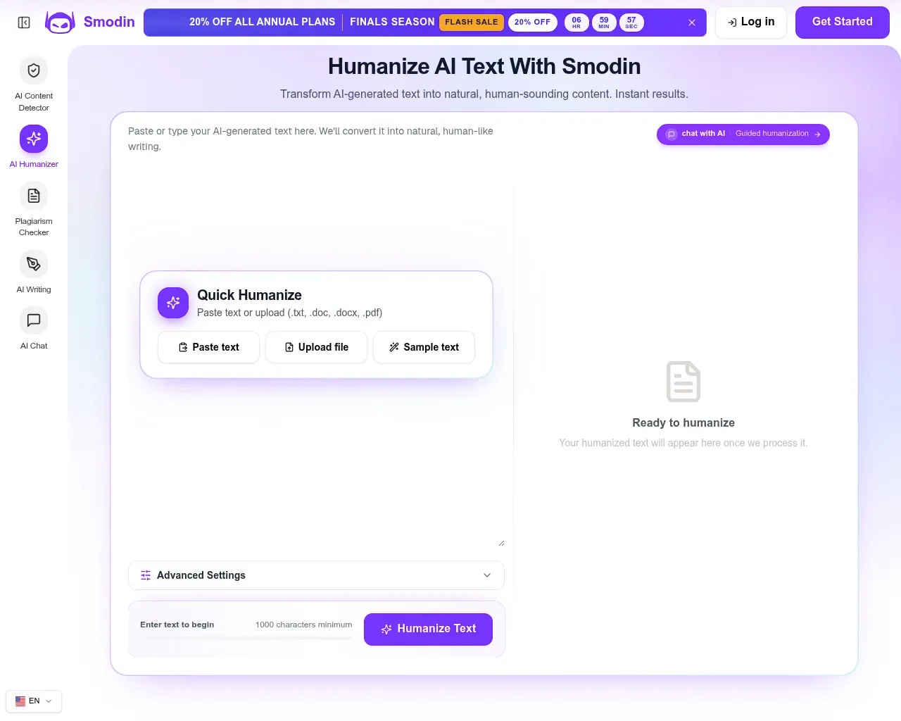 Страница инструмента AI Humanizer от Smodin — переписывает сгенерированный ИИ текст так, чтобы он читался как написанный человеком
