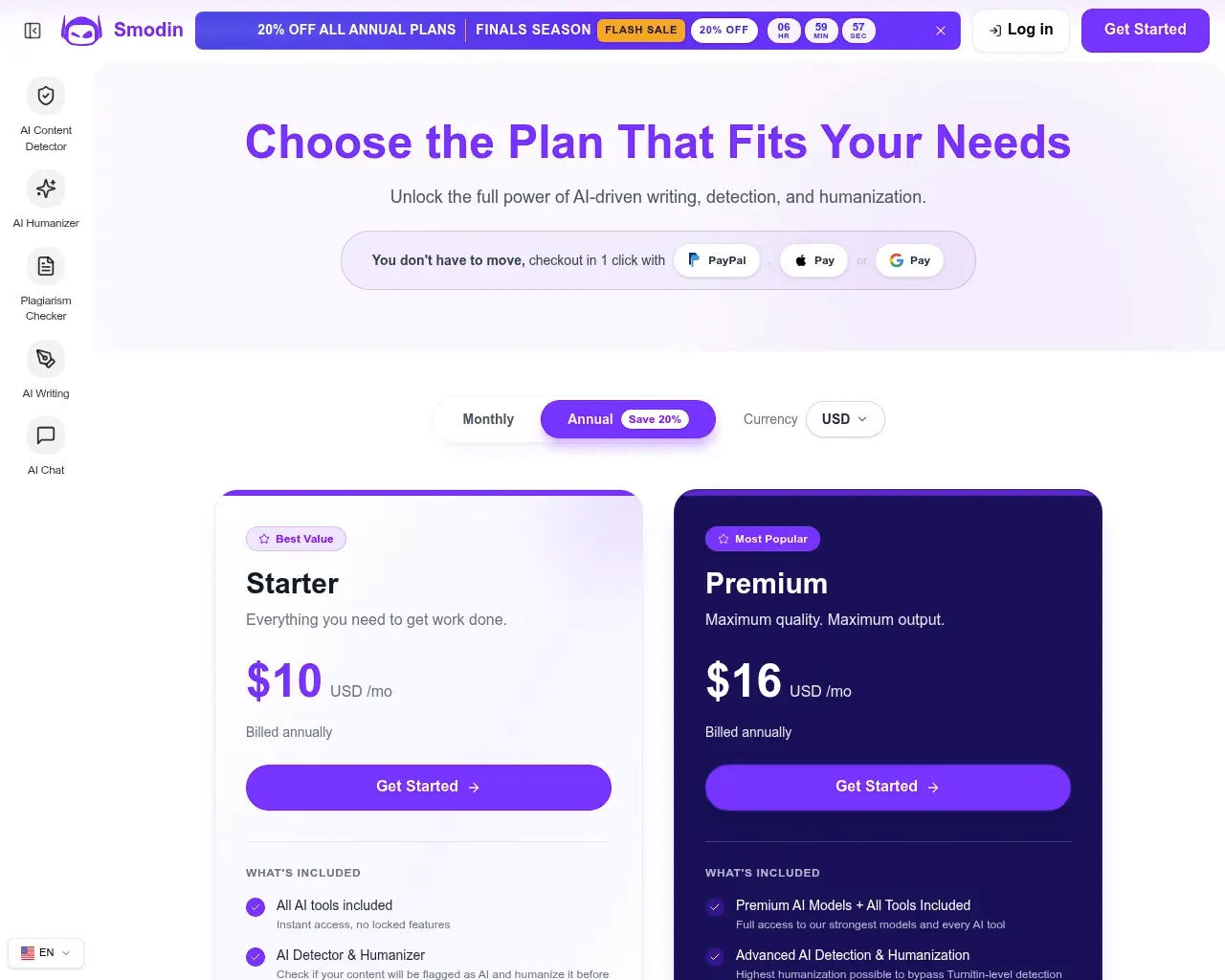 Страница ценообразования Smodin — планы Starter и Premium со сравнением функций бок о бок