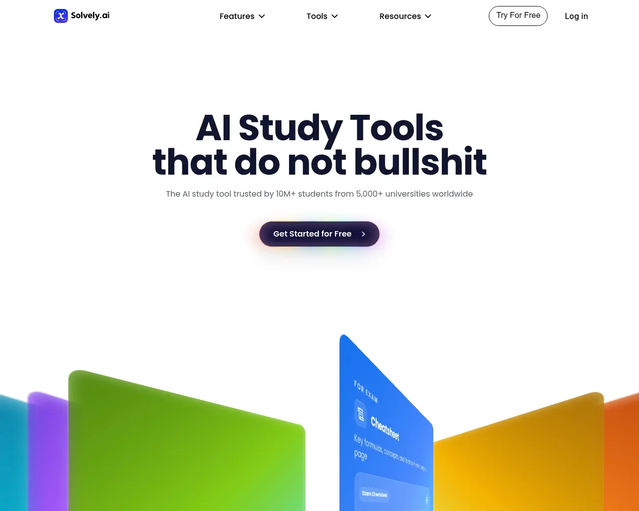 Solvely.ai homepage — hero headline "AI Study Tools that do not bullshit" with the line "trusted by 10M+ students from 5,000+ universities worldwide"