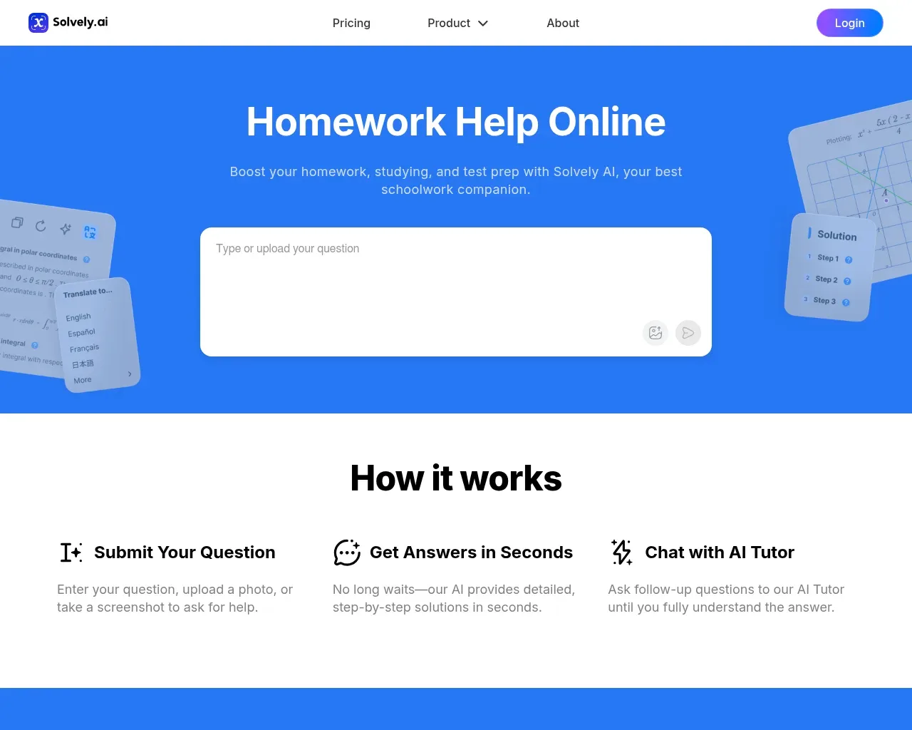 Solvely Homework Help page — a "Type or upload your question" box and a three-step "How it works": Submit Your Question, Get Answers in Seconds, Chat with AI Tutor