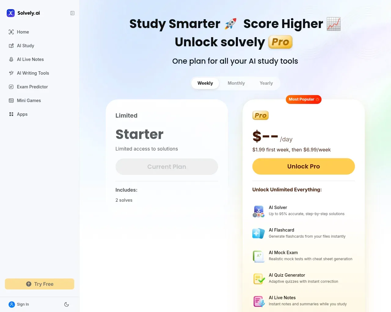 Solvely pricing page — a free "Starter" plan with 2 solves beside a "Pro" plan billed weekly at $1.99 first week then $6.99/week, unlocking unlimited solver, flashcards, mock exams, quizzes and live notes