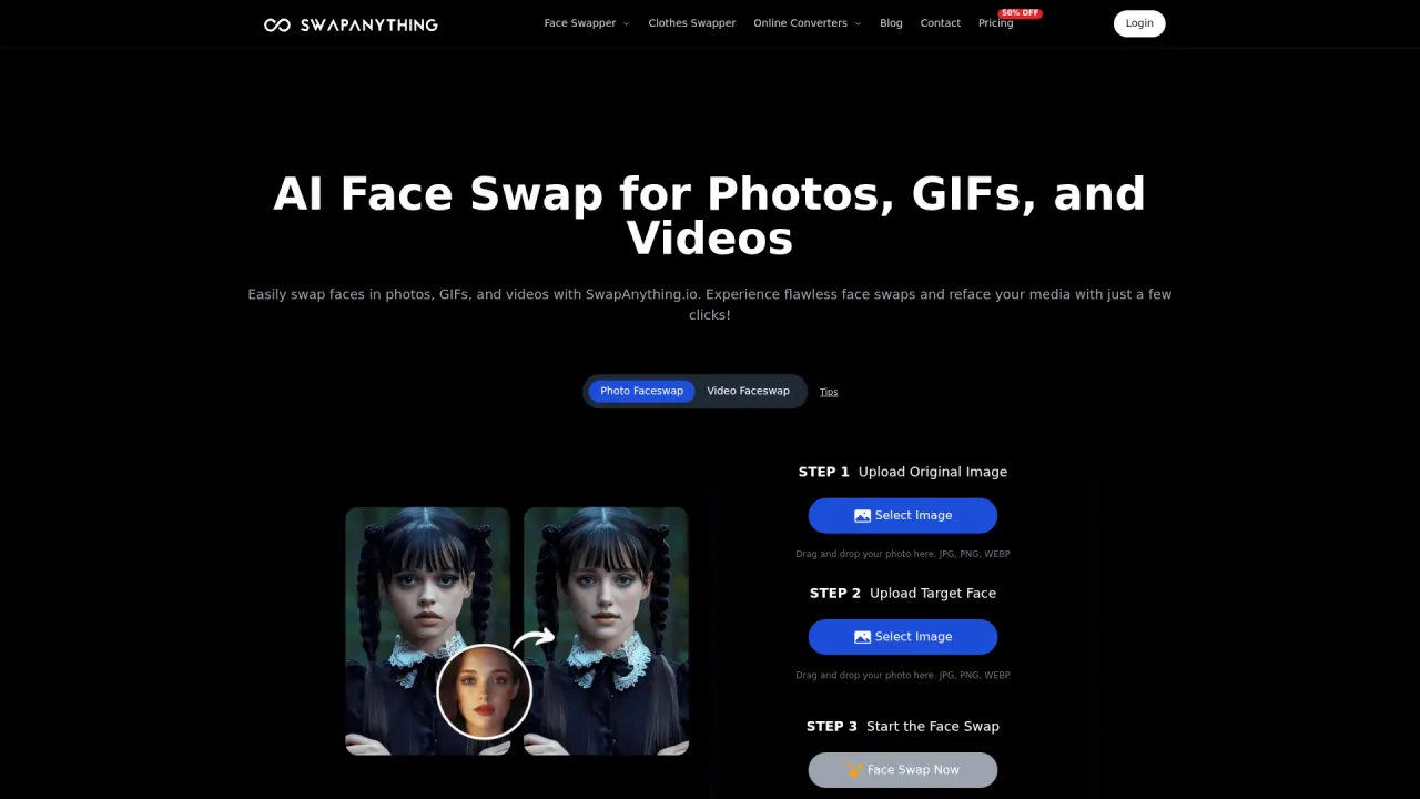 SwapAnything.io फेस स्वैप टूल — अपलोड स्टेप्स के साथ बिफोर/आफ्टर फेस स्वैप डेमो