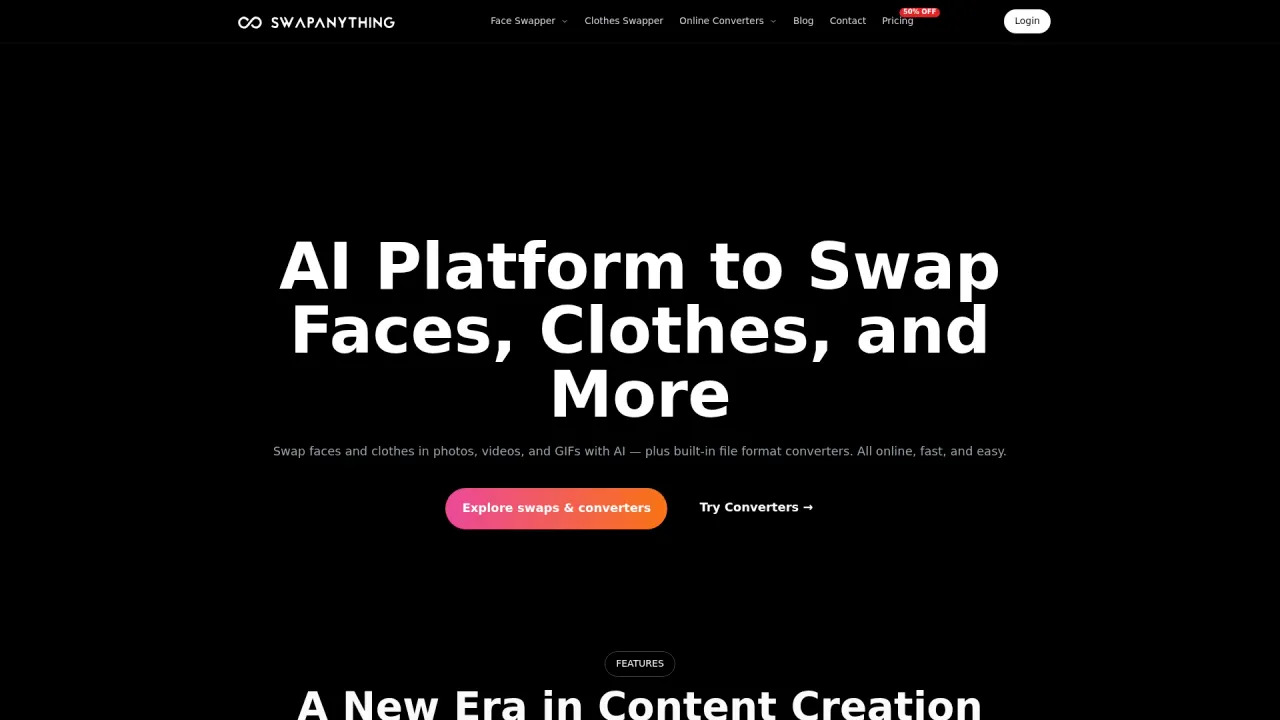 SwapAnything.io होमपेज — डार्क-थीम वाला हीरो जो AI फेस स्वैप, क्लॉथ्स स्वैप और फाइल कन्वर्टर्स को प्रमोट कर रहा है