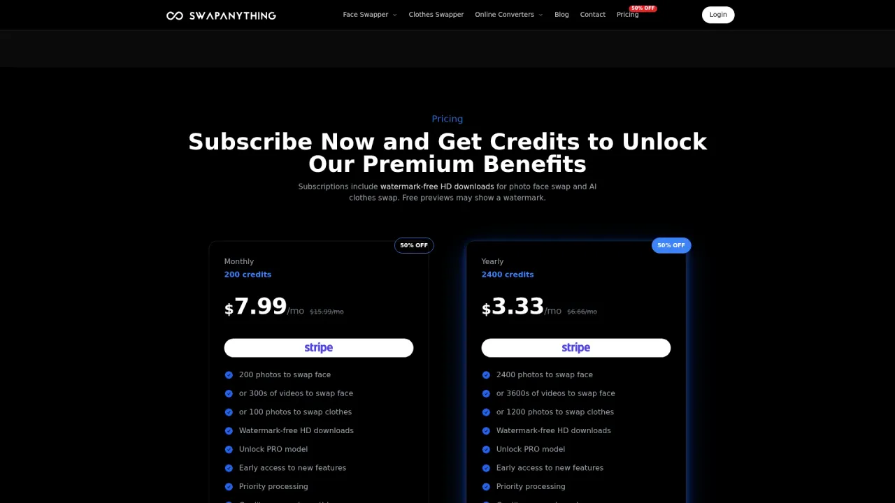 SwapAnything.io प्राइसिंग पेज — Monthly $7.99 (200 क्रेडिट्स) और Yearly $3.33/mo (2400 क्रेडिट्स) प्लान्स