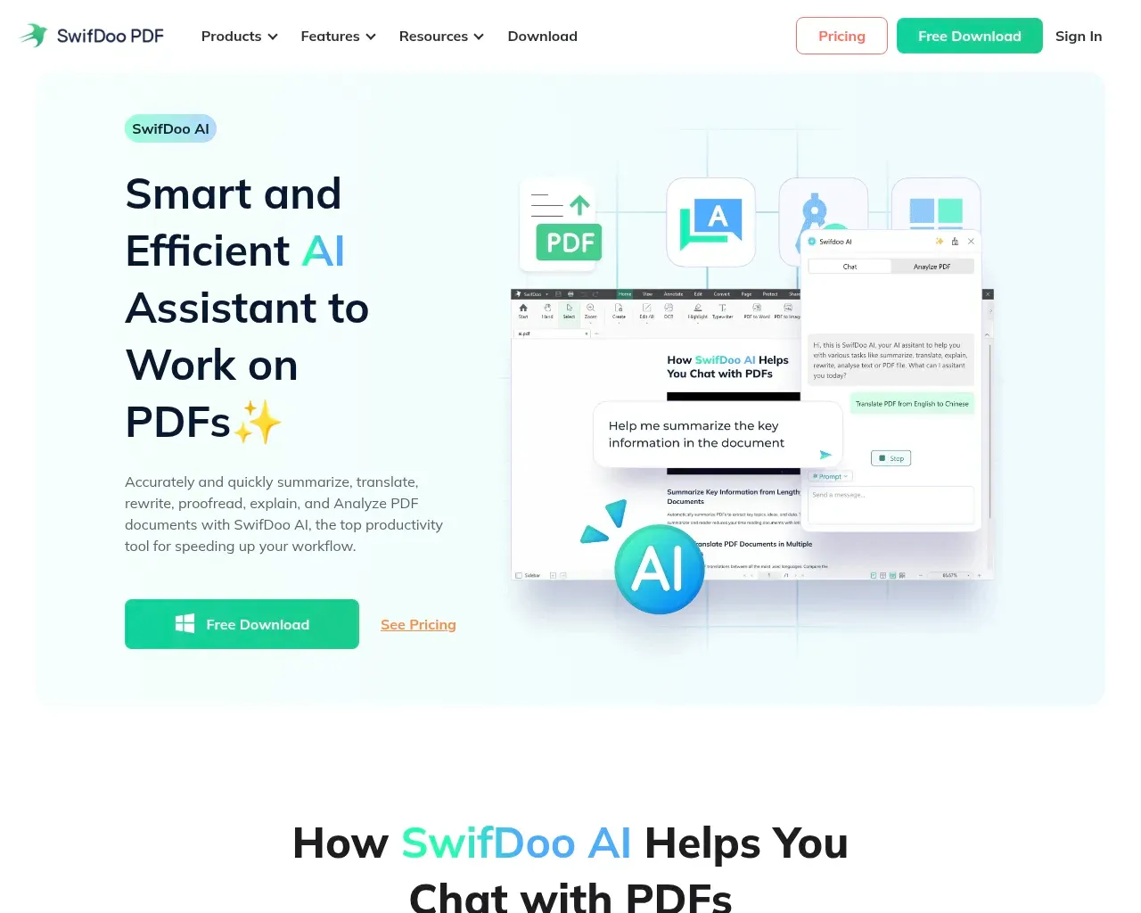 SwifDoo AI features — summarize, translate, explain and chat with a PDF inside the editor