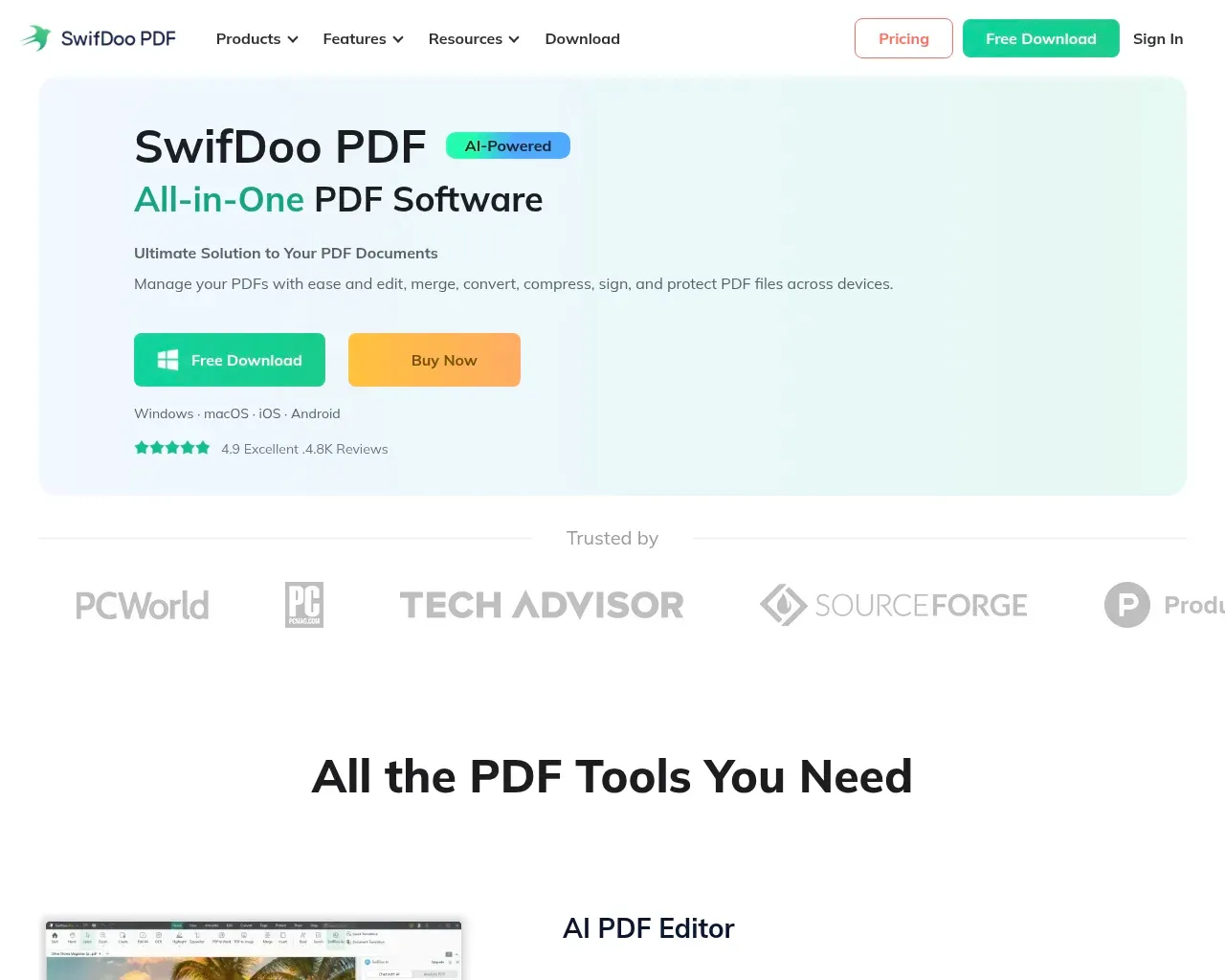 SwifDoo PDF homepage — AI-powered all-in-one PDF software for Windows, Mac, iOS and Android