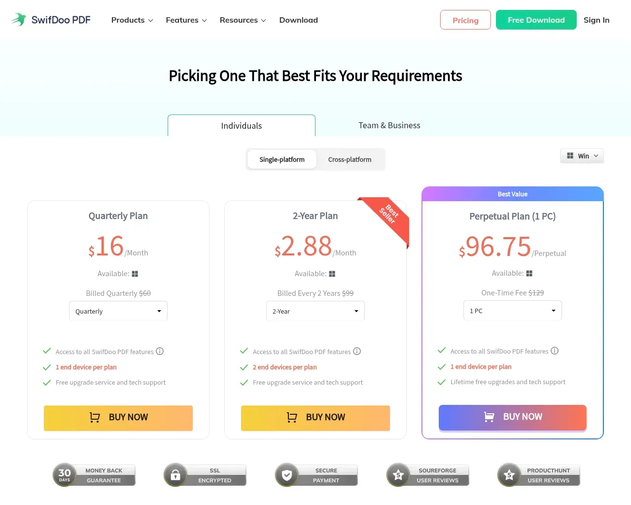 SwifDoo PDF pricing — monthly, quarterly, yearly, two-year and perpetual license options