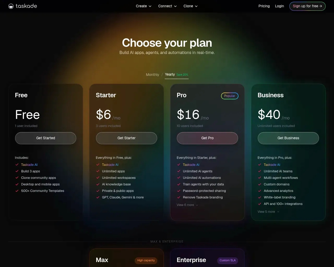 Page de tarification de Taskade — niveau gratuit plus plans payants facturés par espace de travail, non par utilisateur