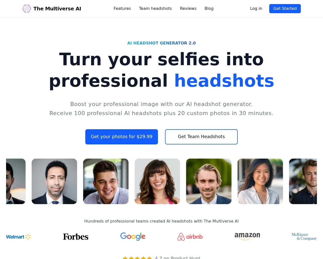 The Multiverse AI homepage showing the AI Headshot Generator 2.0 hero with before and after headshots