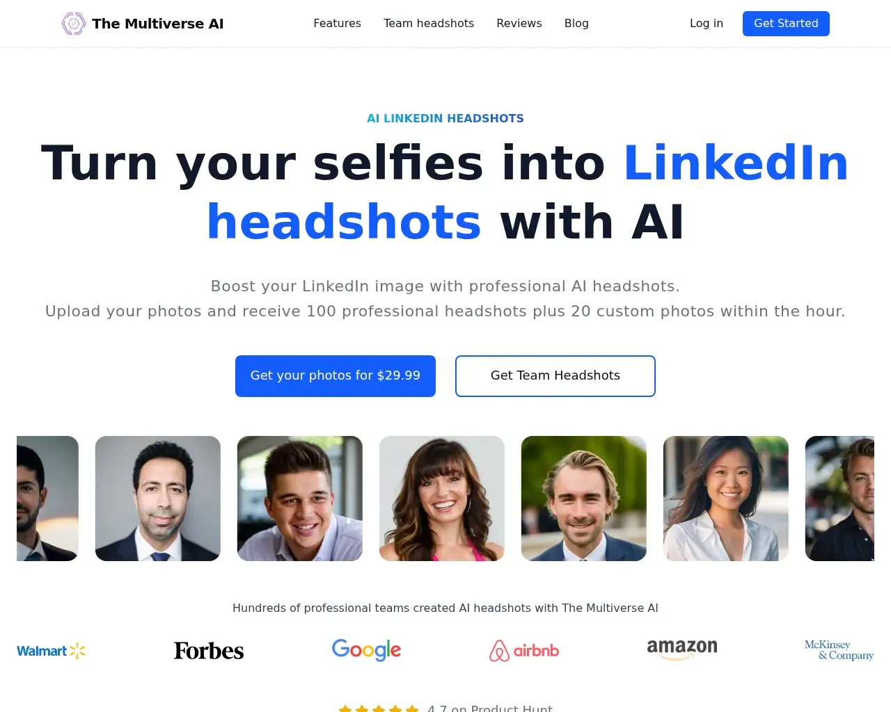 The Multiverse AI LinkedIn headshots landing page