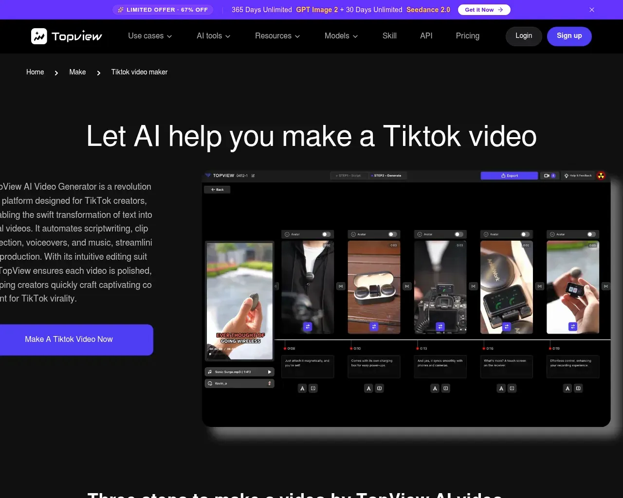 TopView AI TikTok वीडियो मेकर लैंडिंग पेज — 3-स्टेप वर्कफ़्लो (अपलोड, स्क्रिप्ट जेनरेशन, AI-संचालित एडिटिंग)