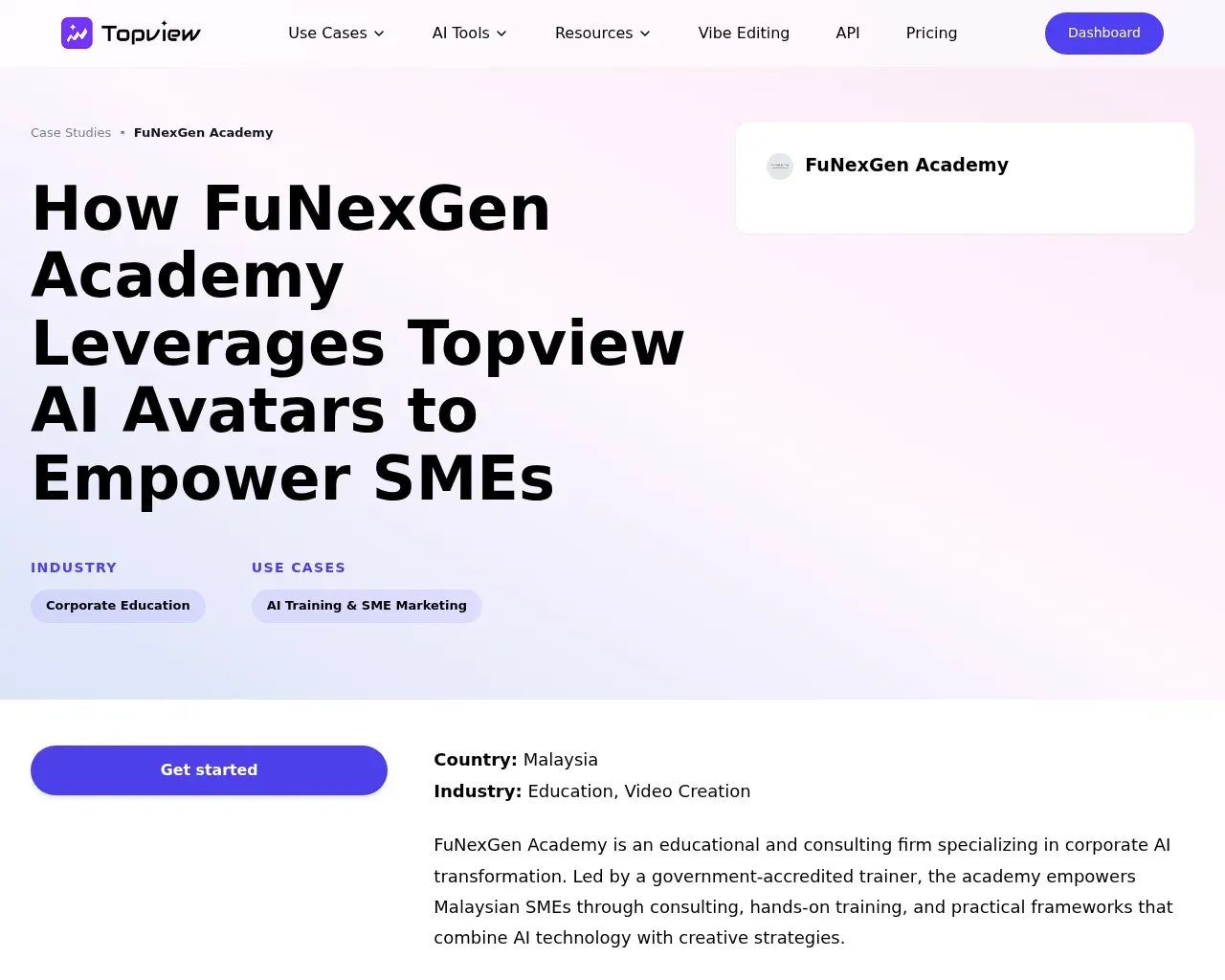 Página del caso de estudio de TopView AI: caso de estudio de capacitación de FuNexGen Academy con avatares de IA