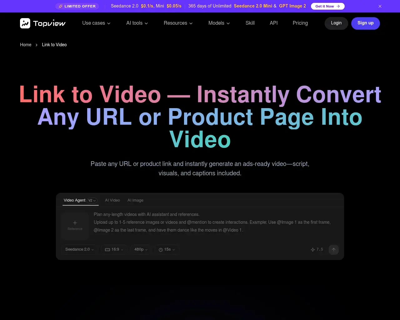 Página de inicio del Link to Video AI Agent de TopView, mostrando el campo de entrada de URL a video y los aspectos destacados de la función