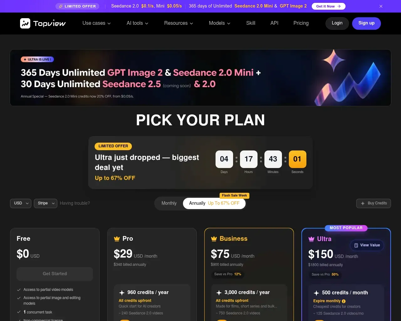 Página de precios de TopView AI comparando los planes Free, Starter, Business y Enterprise