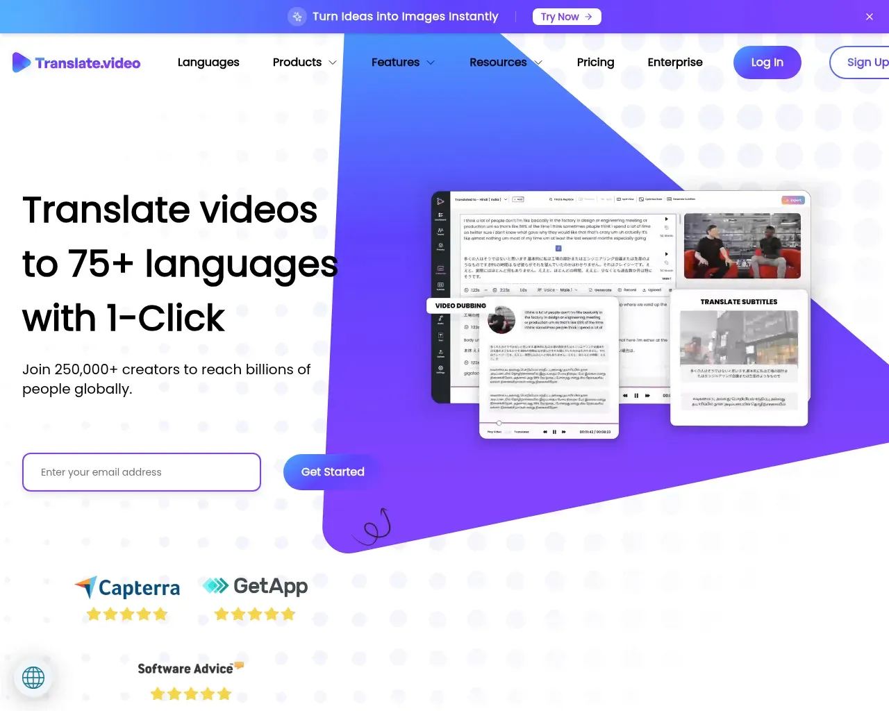 Translate.video homepage showing one-click video translation into 75+ languages