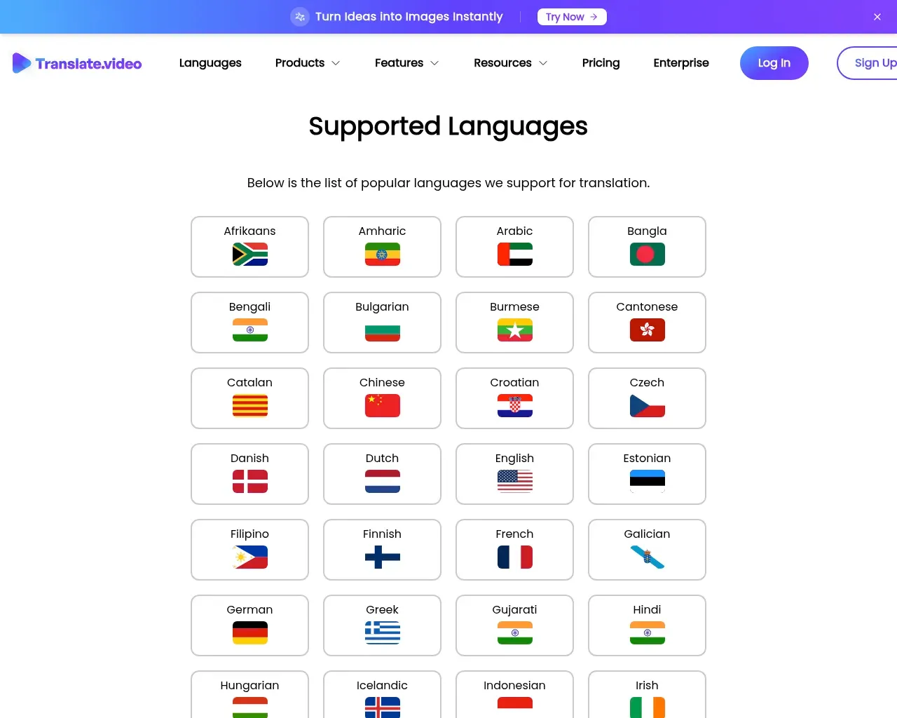 Translate.video languages page listing the supported dubbing and subtitle languages