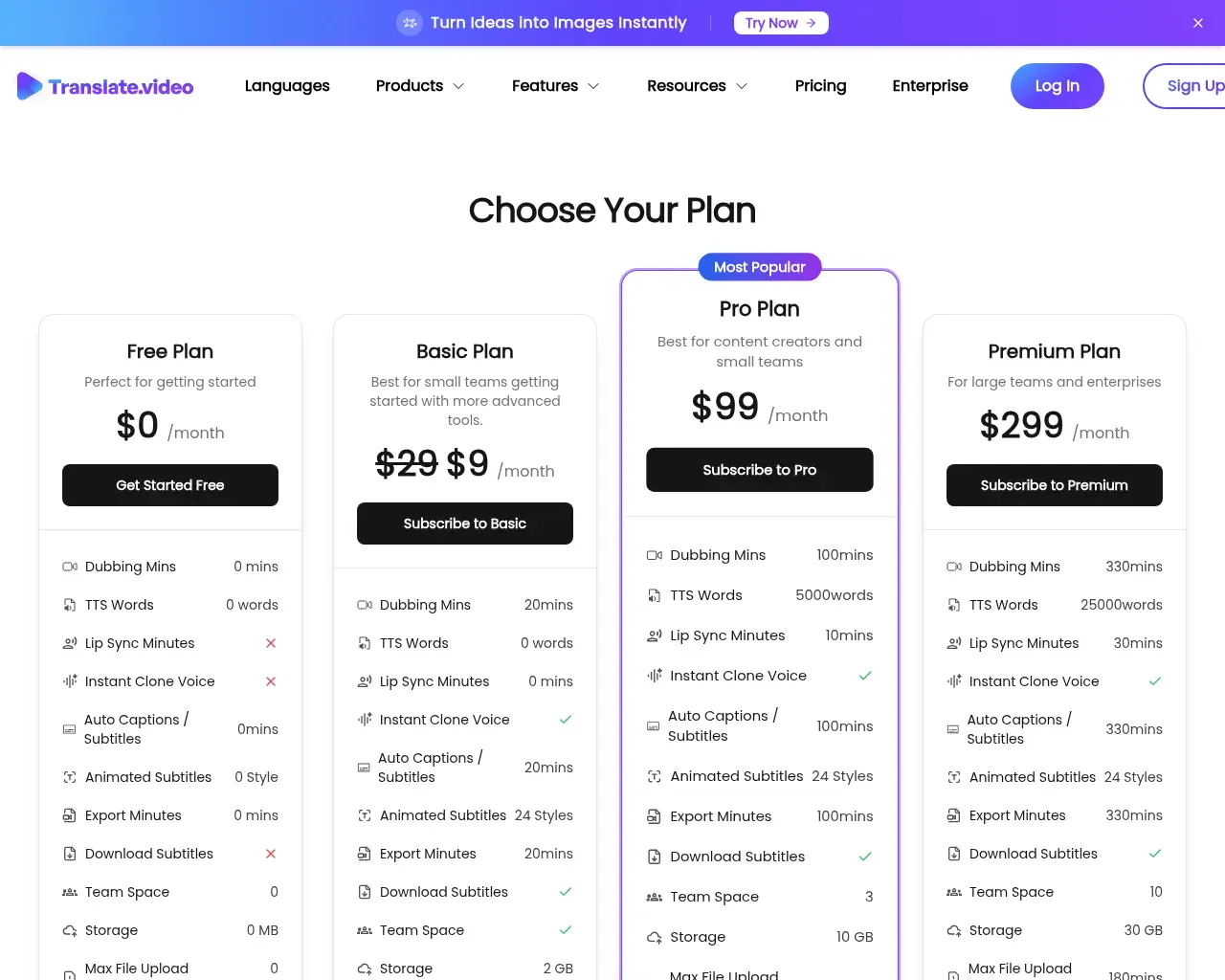 Translate.video pricing page with Free, Basic, Pro and Premium dubbing-minute tiers