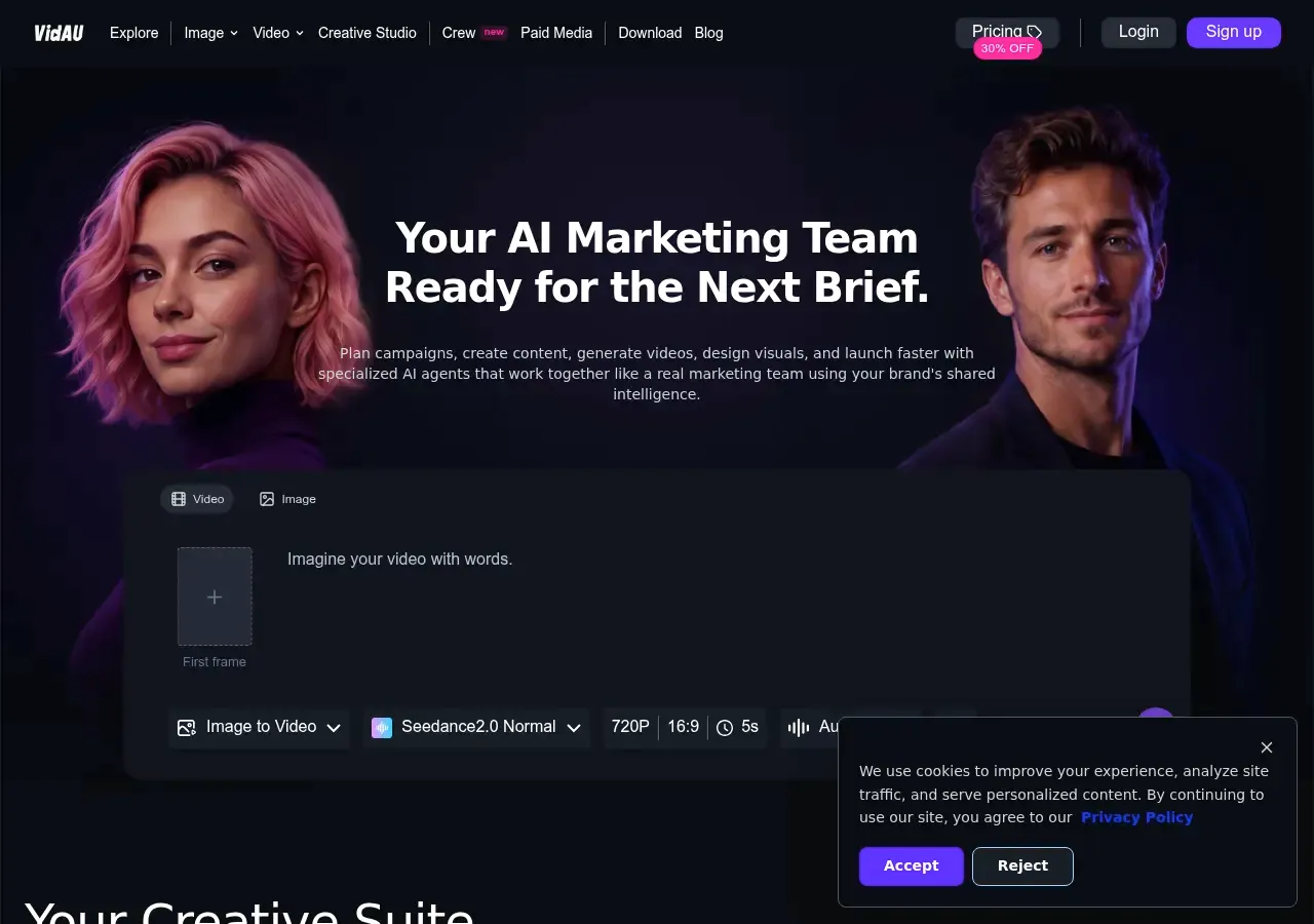 VidAU homepage showing the "Your AI Marketing Team" hero and an image-to-video generation panel